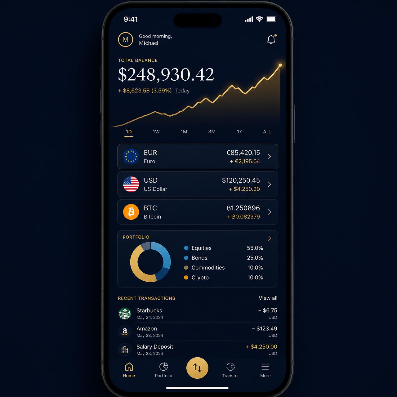 Vision Bank mobile app dashboard showing balances and portfolio