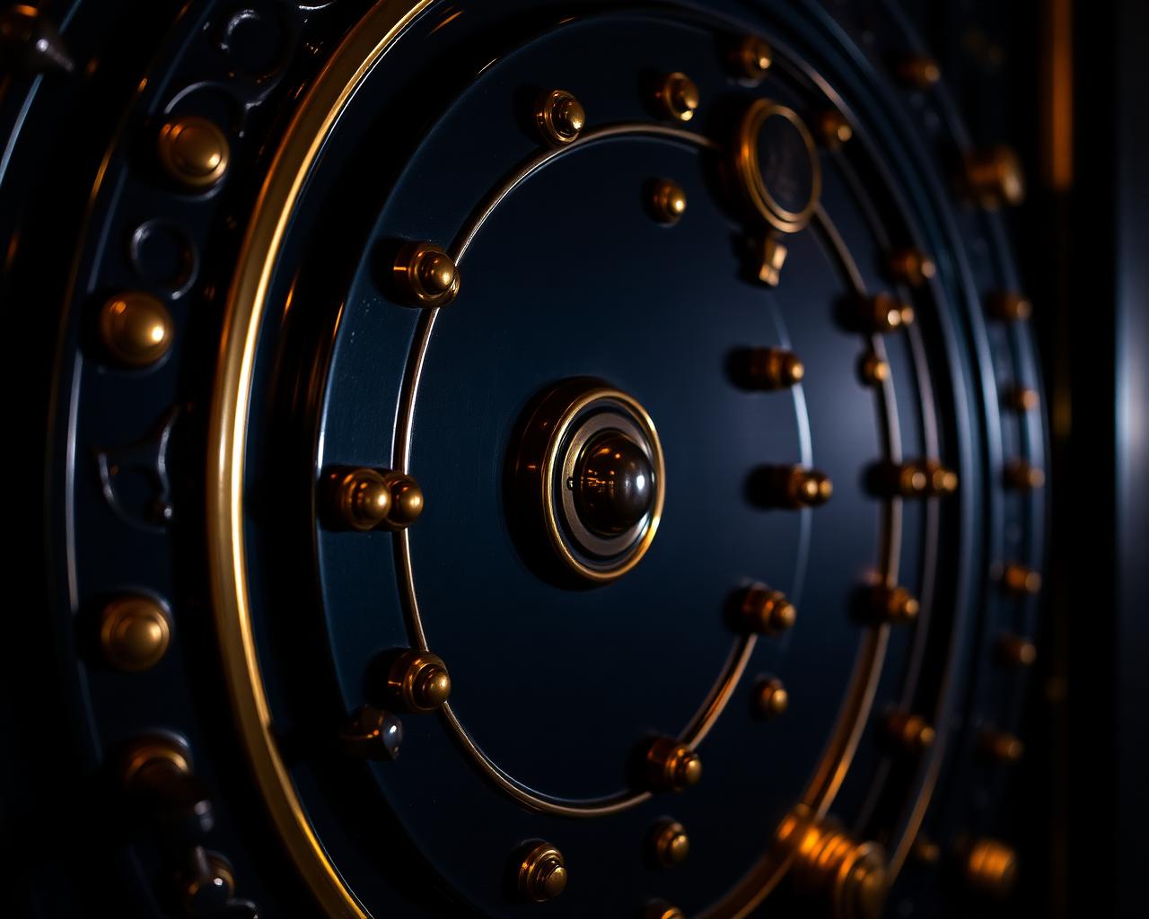 Detail of a navy and brass vault door