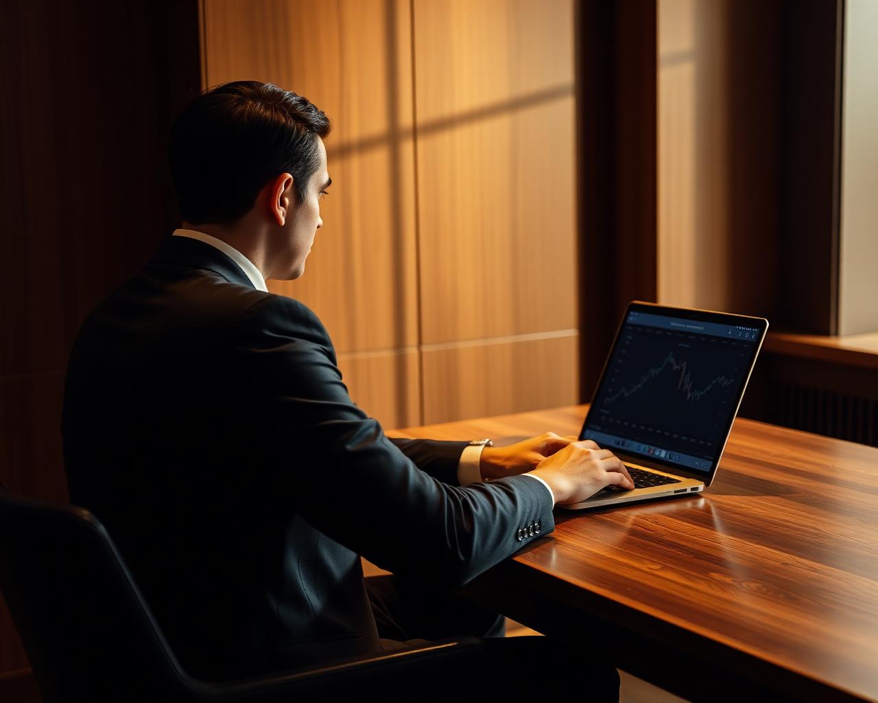 Private banking client at a walnut desk with a laptop